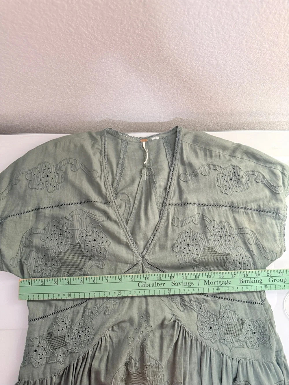 Free People Embroidered Sage Green V-Neck Tunic Dress Size M